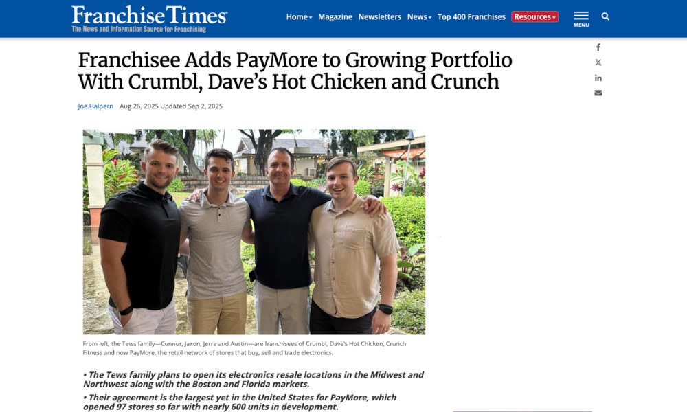 PayMore Featured in Franchise Times: Multi-Brand Franchise Family Signs 36-Unit Deal